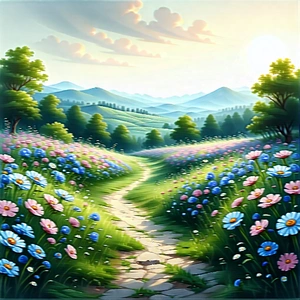 Nature Ink Drawing: Path Through Flowering Meadow With Beautiful, Colorful