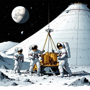 In The Image, There Are Three Astronauts Standing On The Moon, Wearing White Suits