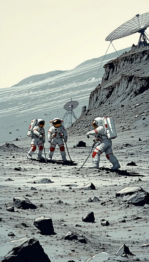 In The Image, There Are Three Astronauts Standing On A Rocky Surface, Possibly On The Moon