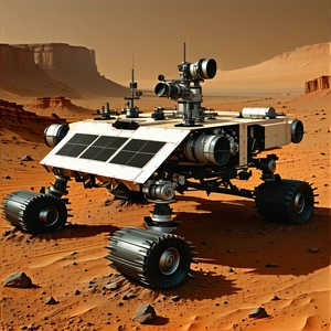 A Futuristic Vehicle, Possibly A Rover Or A Spacecraft, Parked On A Rocky Surface