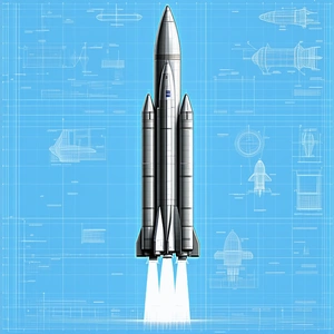A Rocket Ship In The Center Of The Scene, With A Blue Background