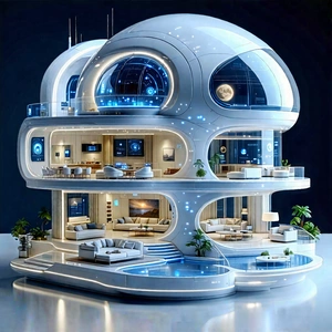 Tech Digital Illustration: (futuristic:1.38) Smart Home With Futuristic, White,