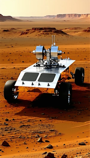 A Large, Silver, Four-wheeled Vehicle Driving Across A Red