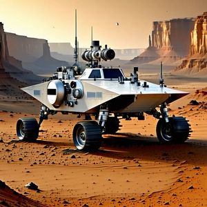 A Futuristic Vehicle Is Parked On A Dirt Road In A Desert-like Environment