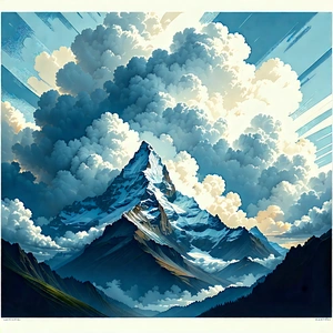 Nature Linocut Print: Dramatic Clouds Over (mountain:1.41) Peak With Majestic Mountain
