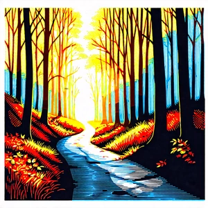 Nature Linocut Print: Path Through Autumn Woodland With Colorful Painting