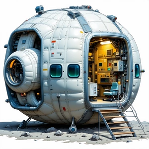 A Large, White, Round Spacecraft With A Hatch Door Open