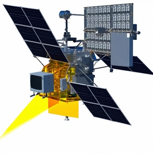 A Spacecraft Is Shown In A White Background, With A Large Solar Panel On The Side