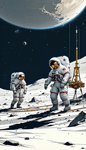 In The Image, There Are Two Astronauts Standing On The Moon, Wearing White Suits