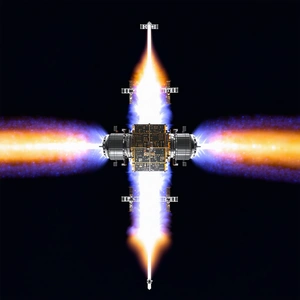 A Space Shuttle Is Shown In A Close-up View, With Its Engines Lit Up