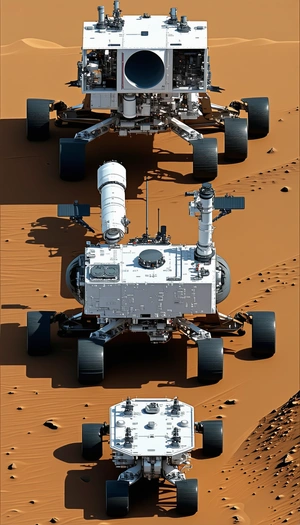 A Group Of Four White Rovers On A Dirt Surface