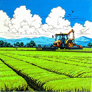 Tech Ink Drawing: Agricultural Technology In Field Deployment With Image, Large