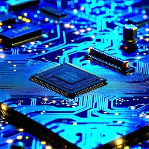 Circuit board with blue light (glow:1.23)