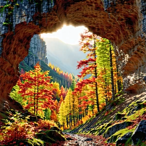 Nature Matte Painting: Natural Arch In Autumn Colors With Painting Forest