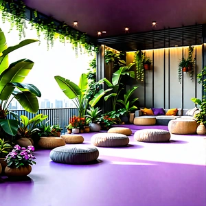 Lifestyle Concept Art: Balcony garden with comfortable textiles