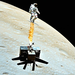 A Space Shuttle Is Flying Over A Moon, With A Space Station In The Background