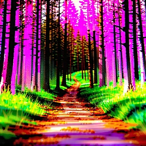 Nature Editorial Photography: Path Through Pine Forest With Colorful, Computer-generated