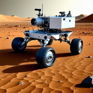 A White Robotic Vehicle With Four Wheels, Sitting On A Dirt Surface