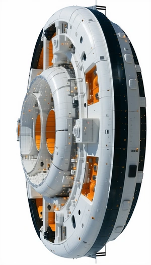 A Large White And Orange Spacecraft Is Shown In A Three-dimensional View