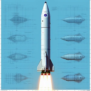 A Rocket Is Shown In A Blue And White Drawing, With The Rocket's Engine At The Bottom Of The Drawing