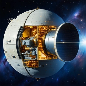 A Large, White, And Gold Spacecraft With A Dome-shaped Structure