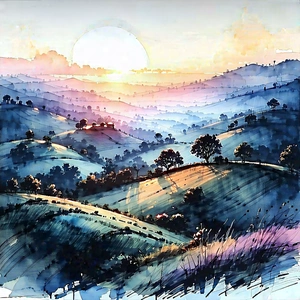 Nature Ink Drawing: Rolling Hills During Sunset With Painting Beautiful