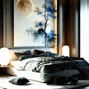 Lifestyle Watercolor Painting: Bedroom Sanctuary With Minimalist Decor With Large White