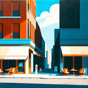 Urban Gouache Painting: Urban street with cafes and shops