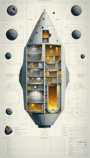 The Image Is A Detailed Drawing Of A Spacecraft, Showcasing Its Various Components