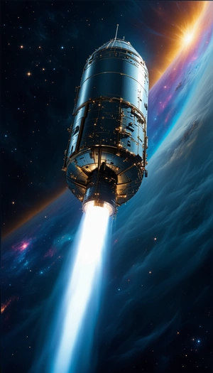 A Space Shuttle Is Shown In A Night Sky, With A Bright Light Coming From The Front Of The Shuttle