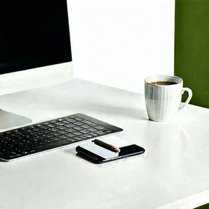 Business Commercial Photography: Workplace With Laptop And Coffee On Desk With White Desk