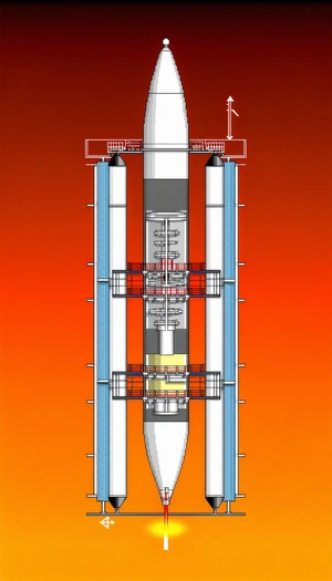 A Large Rocket Ship Is Shown In A Drawing, With A Red Background