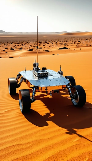 A Large, Four-wheeled Robotic Vehicle, Possibly A Tank, Driving Across A Sandy Terrain