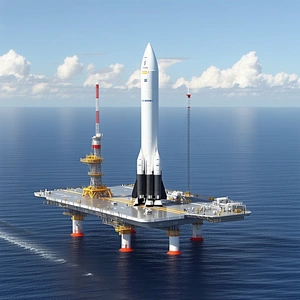 A Large Rocket Ship Floating On Top Of A Platform In The Ocean