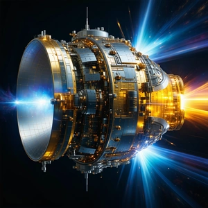 A Futuristic Spacecraft With A Large, Round, And Shiny Structure In The Center