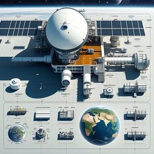 A Large White Space Station Is Shown In A Drawing, With A Globe In The Center