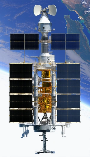 A Large Space Station With A Yellow And Black Color Scheme