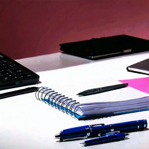 Business Architectural Photography: Workplace with notebooks and pens on desk