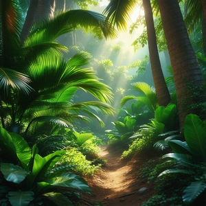 Nature Advertising Photography: Tropical Plants In Sunlit Clearing With Pathway Visible