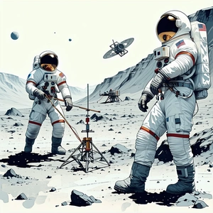 In The Image, There Are Two Astronauts Standing On A Rocky Surface, Possibly On The Moon