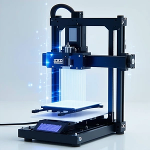 A Blue And Black 3d Printer Is Sitting On A White Table