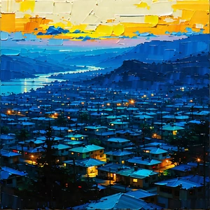 Urban Acrylic Painting: Cityscape Of Small Town During Night With Painting City
