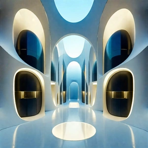 Tech Flat Design: (futuristic:1.28) Innovation Hub With Large, Open,