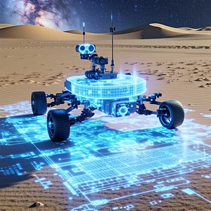 A Futuristic Robot Is Sitting On A Sandy Surface, Possibly A Desert