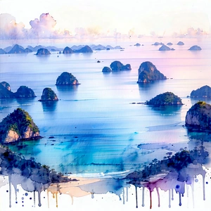 Nature Watercolor Painting: Aerial View Of Coastal Islands With Painting Beautiful
