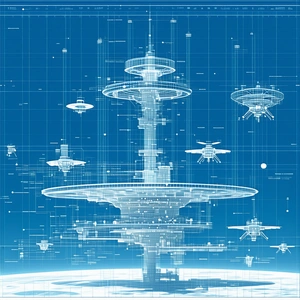 In The Image, There Is A Futuristic City With A Large Central Tower Surrounded By Smaller Towers