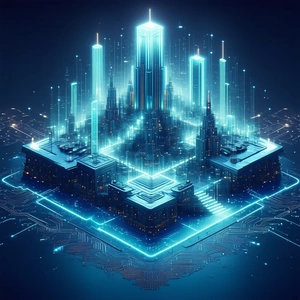 Tech Matte Painting: Blockchain Network Visualization With Futuristic Cityscape,