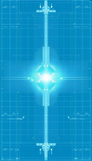 The Image Is A Blue And White Drawing Of A Light Source, Possibly A Sun Or A Light Bulb