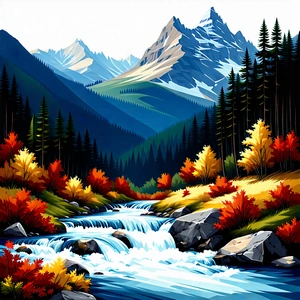 Nature Diagram Style: Mountain Stream Surrounded By Autumn Trees With Beautiful Mountain