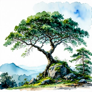 Nature Watercolor Painting: (ancient:1.25) Tree In Natural Setting With Large Tree
